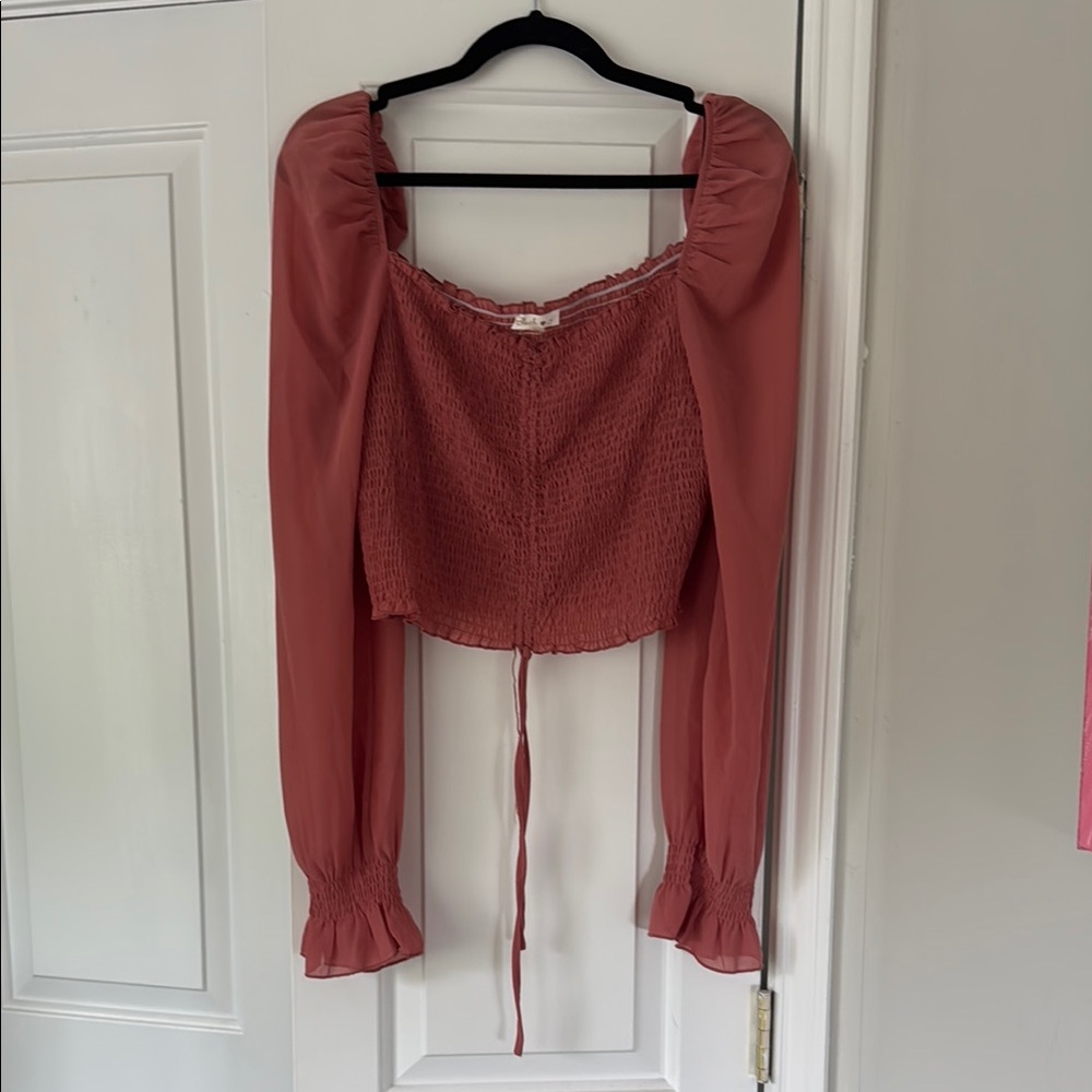 Blush Pink Puff Sleeve Ruched Crop Blouse